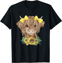 Cute Baby Highland Cow With Sunflowers Farm Farmer Wife Girl T-Shirt