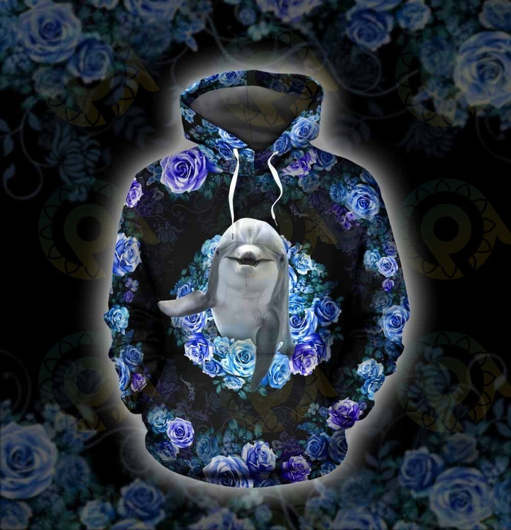 Dolphin - Hoodie Flower Blue Id1-T