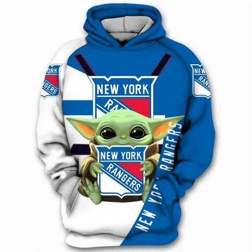 New York Rangers Baby Yoda Star Wars White Blue 3D Hoodie Sweatshirt