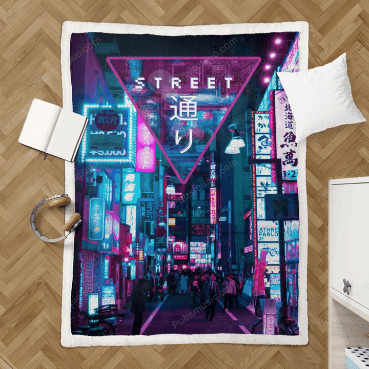 Japanese Retrowave Street - Retrowave I Synthwave Sherpa Fleece Blanket