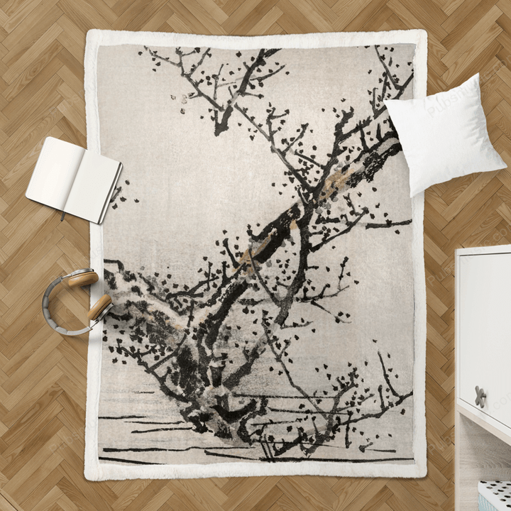 Tree On Water Traditional - Japanese Flora Sherpa Fleece Blanket