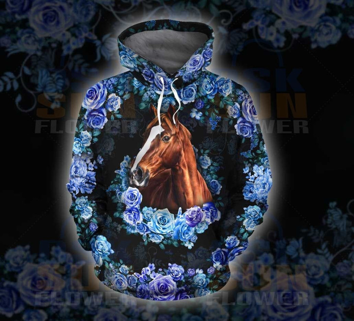 Horse - Hoodie Flower Blue Id1-D