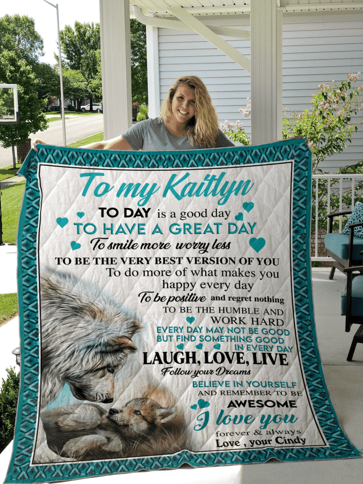Wolf To My Daughter I Love You Custom Text Name Daughter Kaitlyn & Mom Cindy Quilt