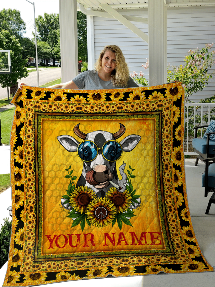 Love Cannabis Hippie Sunflower Personalize Custom Name Quilt