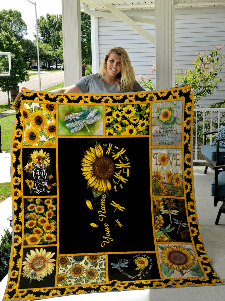 Dragonfly Sunflower Personalize Custom Name Quilt