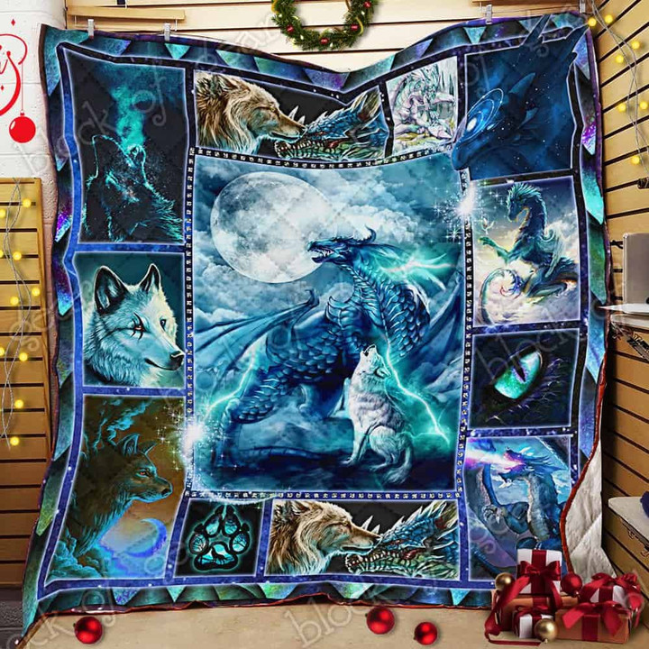 Moon Dragon Wolf Blanket - Blue Glitter Dragon - Cool Gift For Men Quilt Blanket 