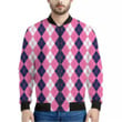 Pink White And Blue Argyle Pattern Print Men's Bomber Jacket