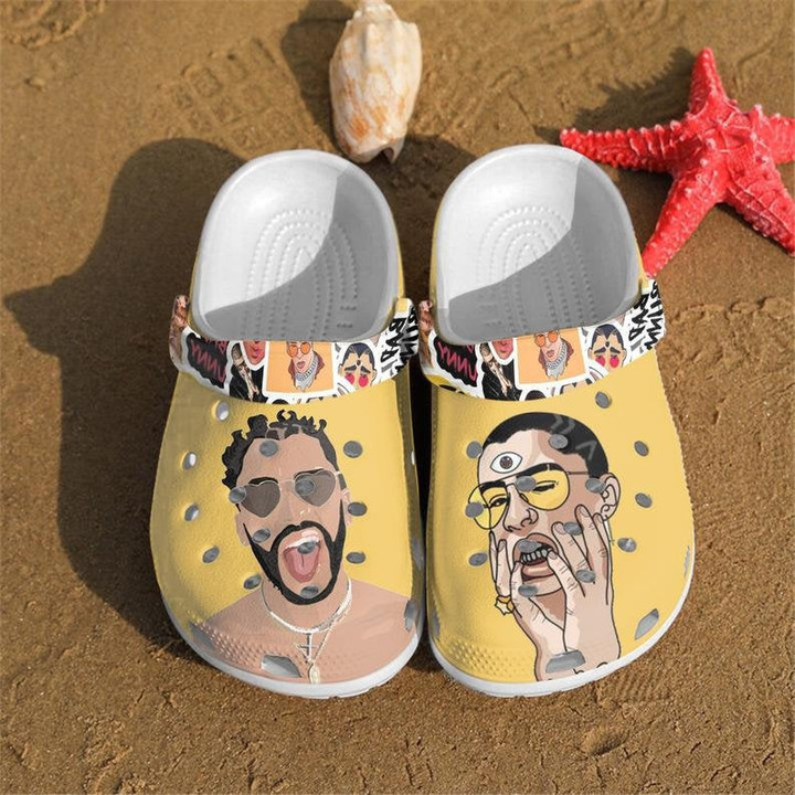 New Bad Bunny Music Fan Rubber Crocs Crocband Clogs, Bad Bunny Gift Lovers Comfy Footwear