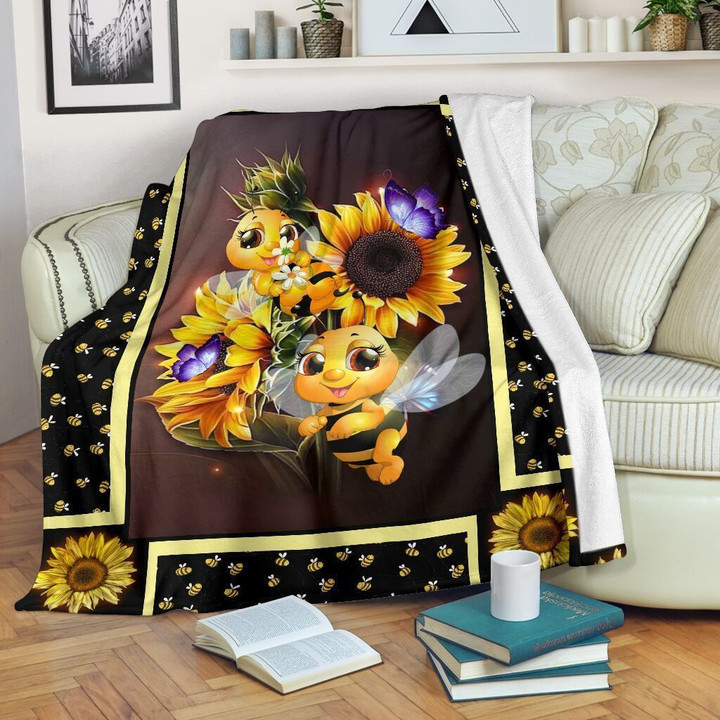 Bee dark sunflower Fleece Blanket - Quilt Blanket