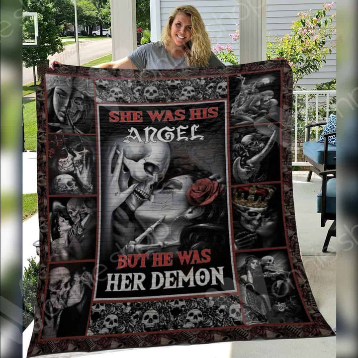 Skull Husband And Wife She Was His Angel But He Was Her Demon Quilt Blanket