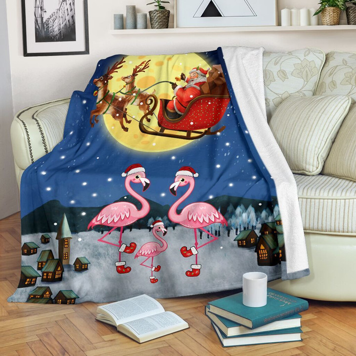 Christmas With Family Flamingo Fleece Blanket - Quilt Blanket