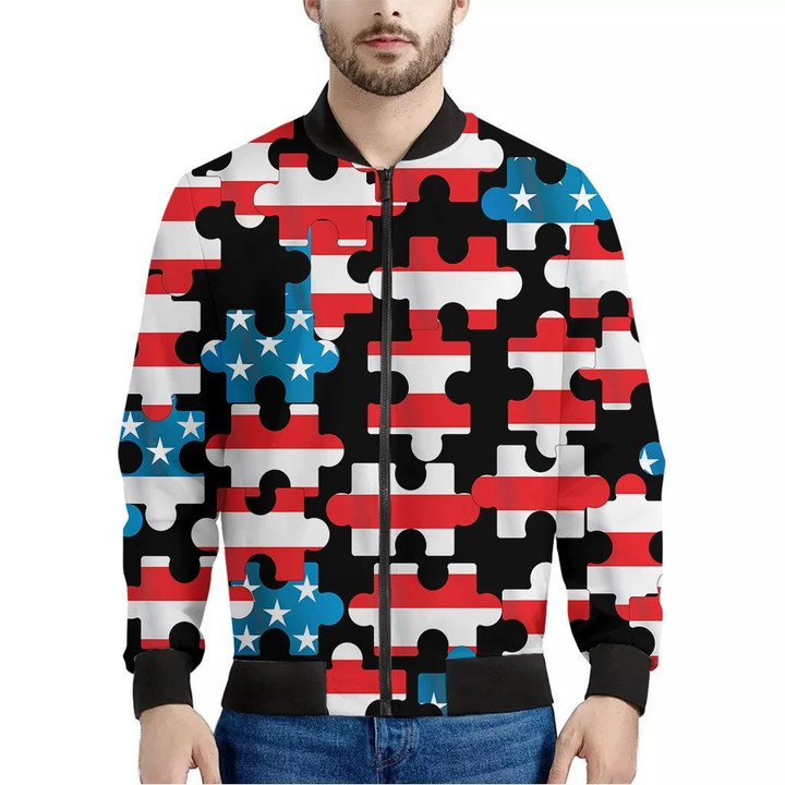 American Flag Jigsaw Puzzle Print Men's Bomber Jacket