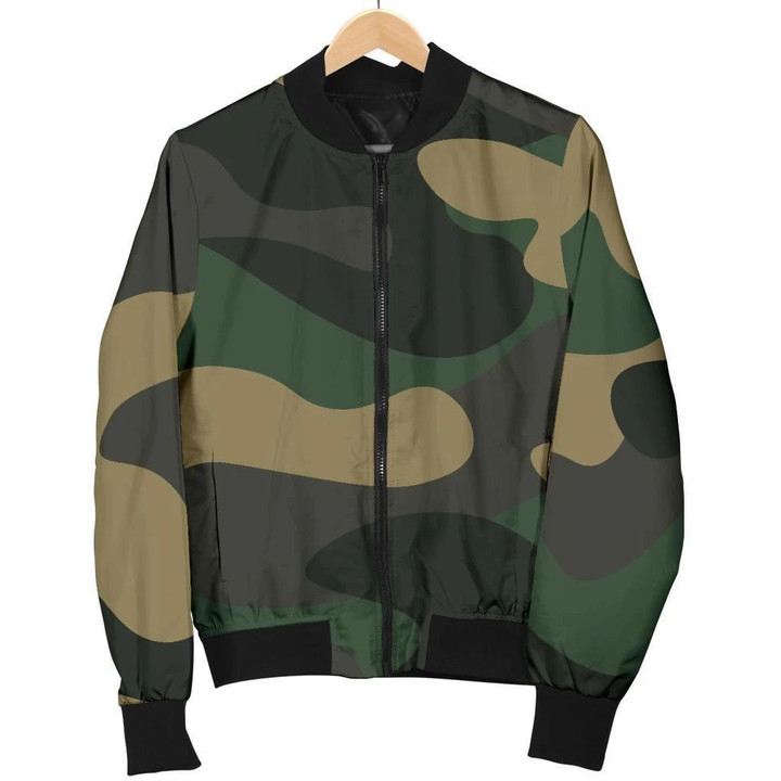 Black And Green Camouflage Print Men's Bomber Jacket