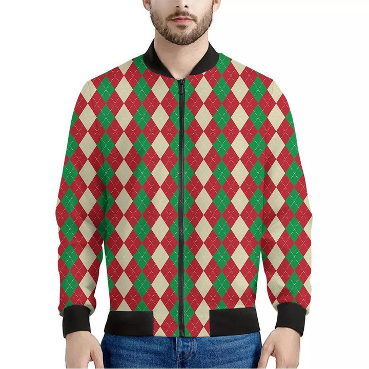Christmas Themed Argyle Pattern Print Men's Bomber Jacket