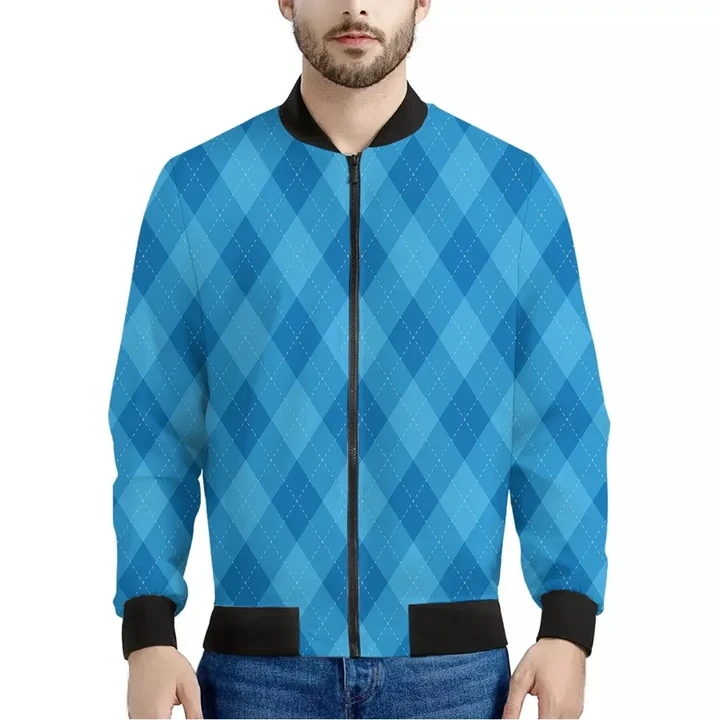 Ocean Blue Argyle Pattern Print Men's Bomber Jacket