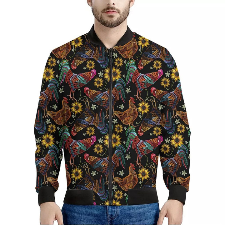 Embroidery Rooster Pattern Print Men's Bomber Jacket