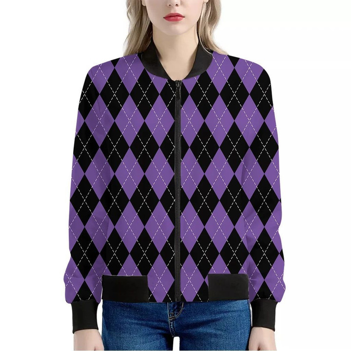 Black And Purple Argyle Pattern Print Women's Bomber Jacket