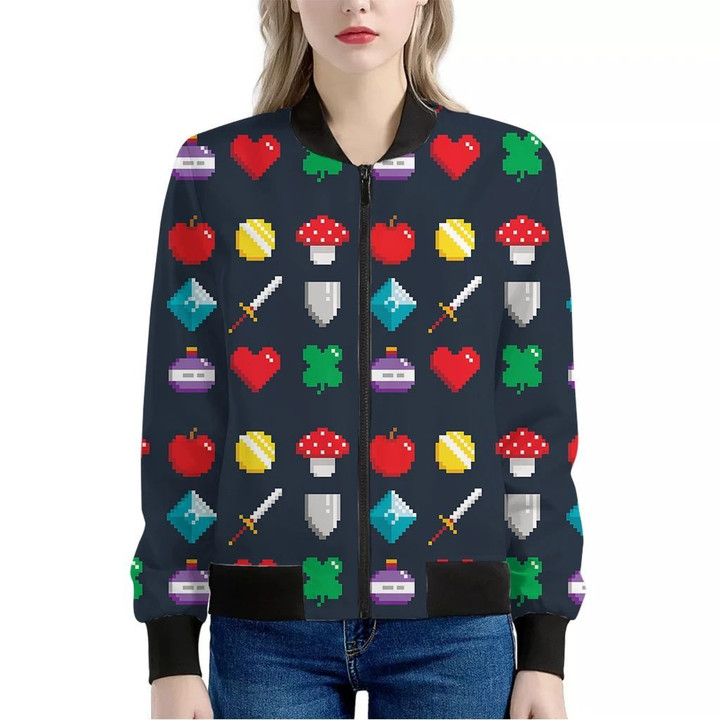 8-Bit Pixel Game Items Print Women's Bomber Jacket
