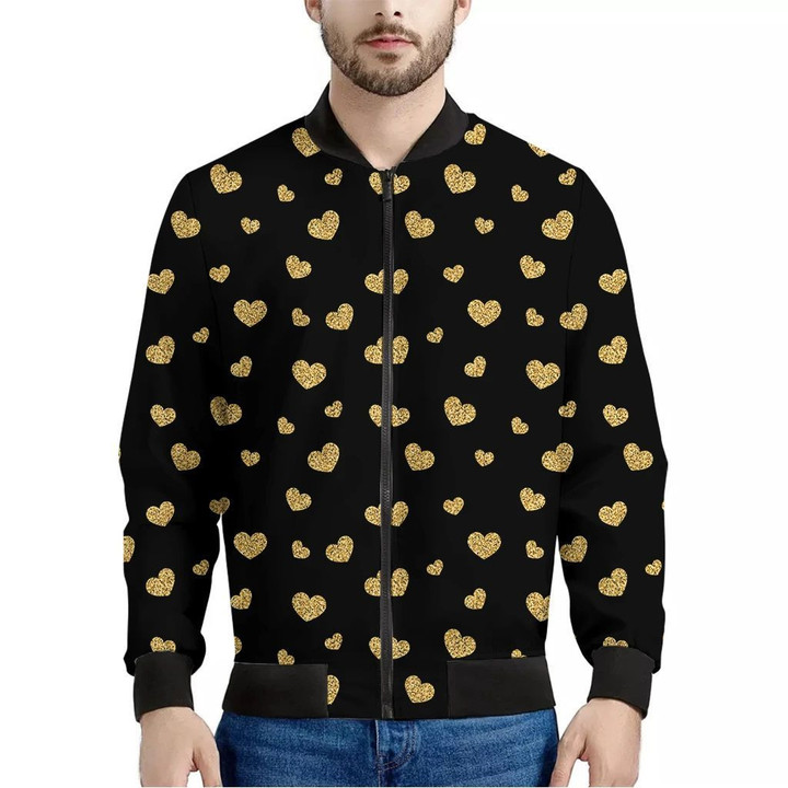 Gold And Black Heart Pattern Print Men's Bomber Jacket