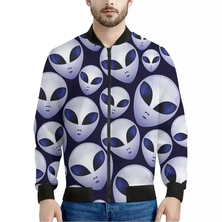 Grey Alien Face Pattern Print Men's Bomber Jacket