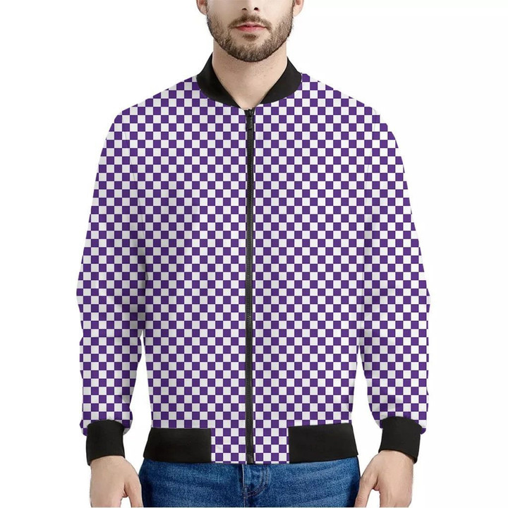 Purple And White Checkered Pattern Print Men's Bomber Jacket