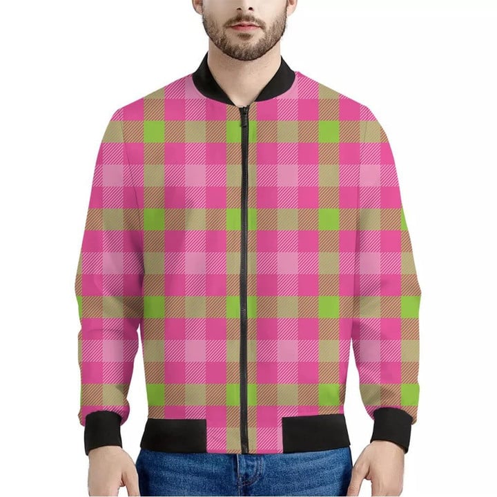 Green And Pink Buffalo Plaid Print Men's Bomber Jacket
