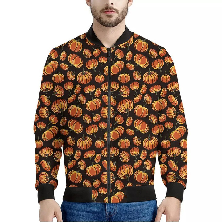 Orange Halloween Pumpkin Pattern Print Men's Bomber Jacket