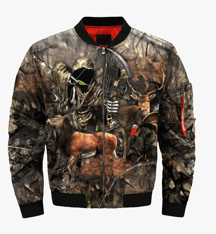 Printed Camo Hunting Art Men's Bomber Jacket With Wolf Design