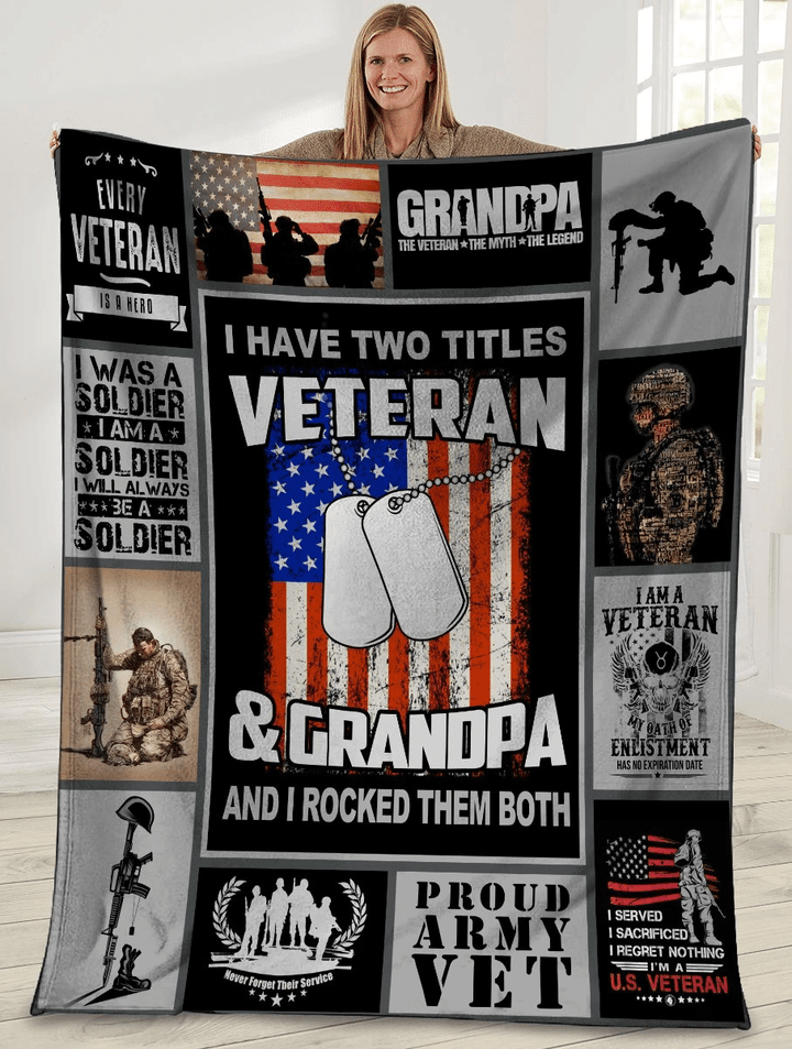 I Have Two Titles Veteran And Grandpa American Usa Flag Premium Quilt Blanket Size Throw, Twin, Queen, King, Super King