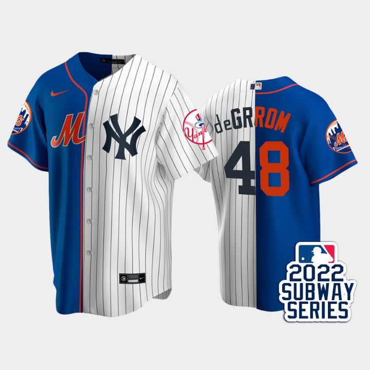 2022 Subway Series New York Mets #48 Jacob deGrom Split Royal White Jersey