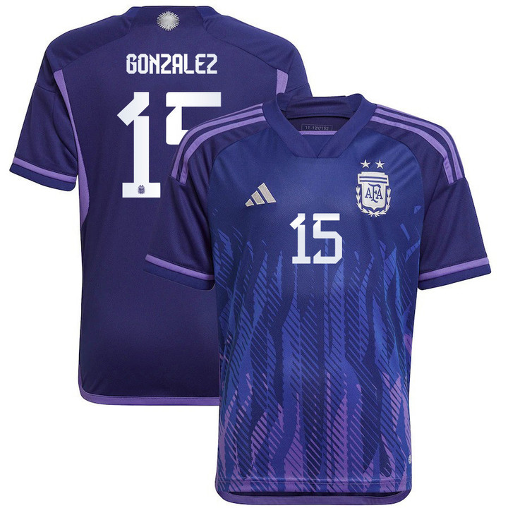 Argentina 2022-23 Qatar World Cup Nicolas Gonzalez #15 Away Youth Jersey - Dark Blue & Light Purple