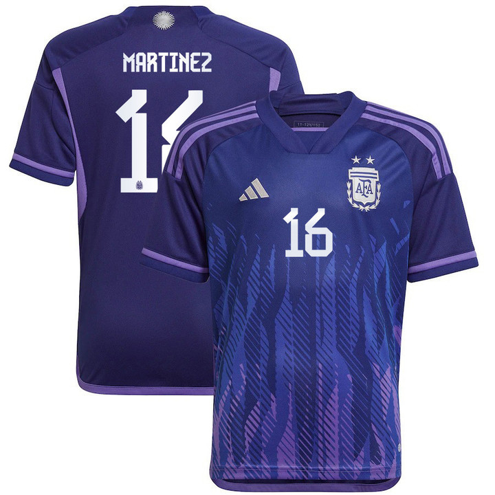 Argentina National Team 2022-23 Qatar World Cup Lisandro Martinez #16 Away Youth Jersey - Dark Blue & Light Purple