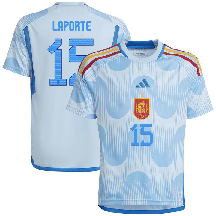 Spain National Team 2022-23 Qatar World Cup Aymeric Laporte #15 Away Youth Jersey - Glow Blue