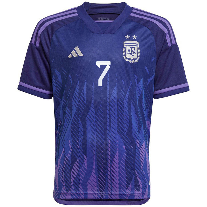 Argentina National Team 2022-23 Qatar World Cup Rodrigo De Paul #7 Away Youth Jersey - Dark Blue & Light Purple