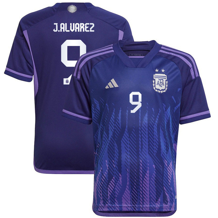 Argentina National Team 2022-23 Qatar World Cup Julian Alvarez #9 Away Youth Jersey - Dark Blue & Light Purple