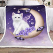 Beautiful Cat And Purple Butterfly Moon Fleece Blanket