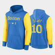 Men's #10 Trevor Story Boston Red Sox 2022 City Connect Blue Yellow Hoodie Performance Pullover
