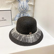 Chanel Woven Raffia Lace Pearl Rim Straw Hat In Black