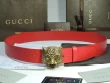Gucci Red Pattern Embossed Leather Belt With Feline Head Buckle