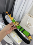 Versace La Medusa Leather Belt With Pattern In Yellow Gold - Navy Blue And Green