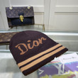 Dior Lettering And Stripe Trim Beanie Wool Knit In Brown