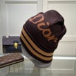 Dior Lettering And Stripe Trim Beanie Wool Knit In Brown