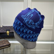 Dior Lettering And Oblique Motif Trim Beanie Wool Knit In Navy