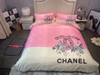 Chanel Flower Logo Pattern Bedding Set In Pink White