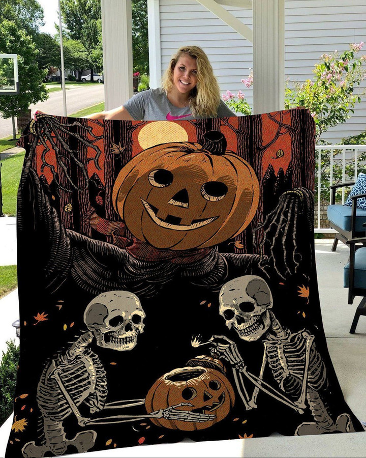 Skeleton Pumpkins Fleece Blanket - Quilt Blanket - Halloween Gift