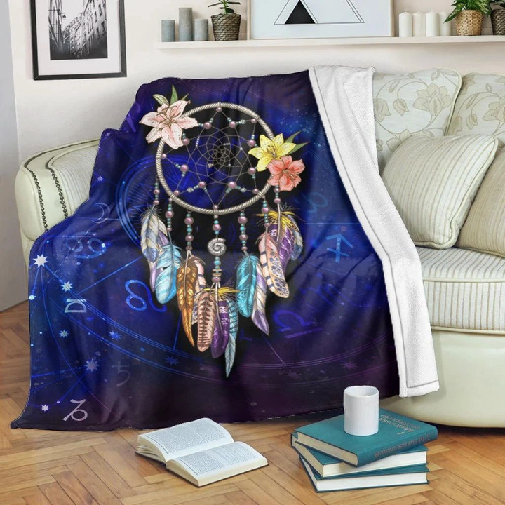 Native American Blanket - Dreamcatcher Galaxy Blue Style Fleece Blanket