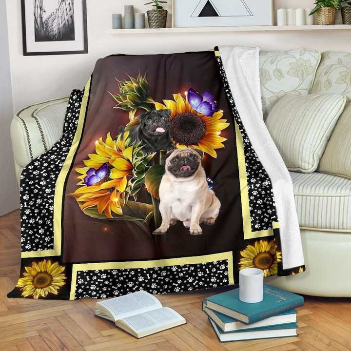 Pug dark sunflower Fleece Blanket - Quilt Blanket