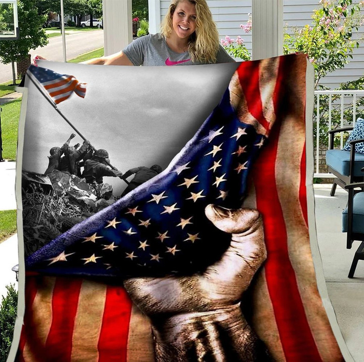 US Veteran Hand Pulling American Flag Fleece Blanket