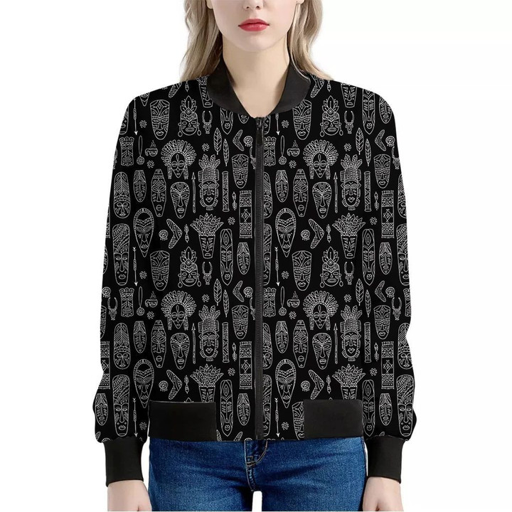 Black And White Totem Pattern Print Women's Bomber Jacket