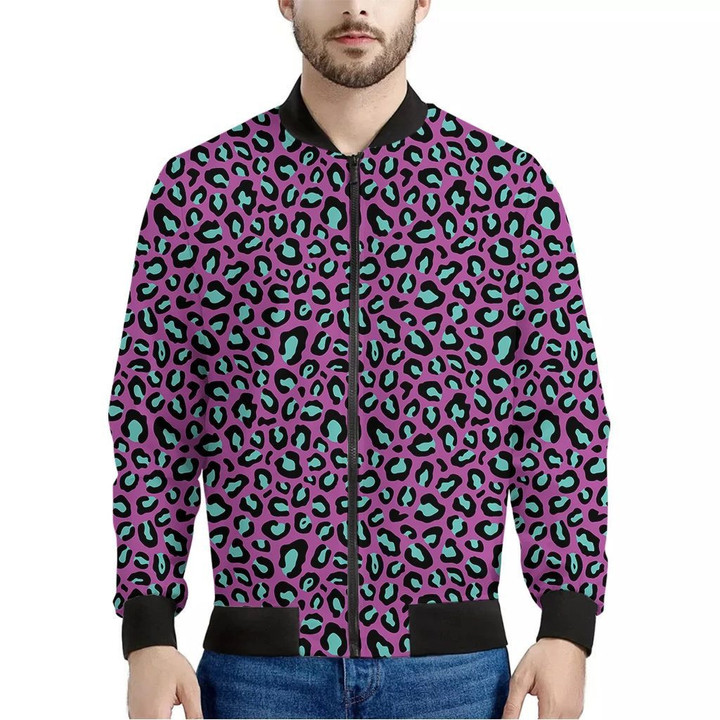 Purple And Teal Leopard Pattern Print Men's Bomber Jacket